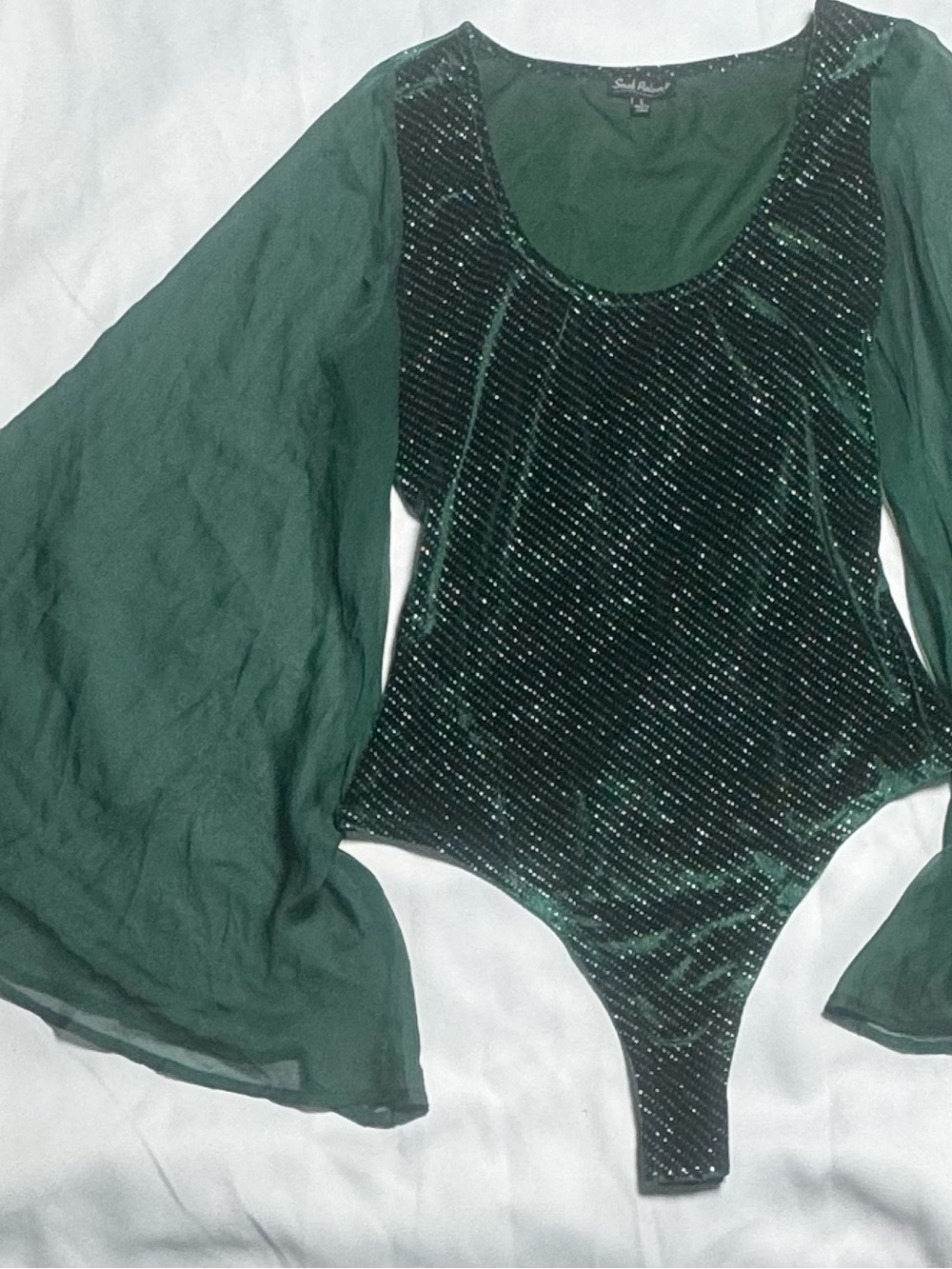 Emerald Velvet Sparkle Bodysuit with Sheer Bell Sleeves